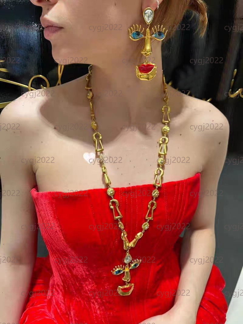 Vintage Women's Earrings Necklace Retro Red Lips Nose Eyes Marked 925 Silver Needle Electroplated Genuine Gold Three-Dimensional Design Schiapare