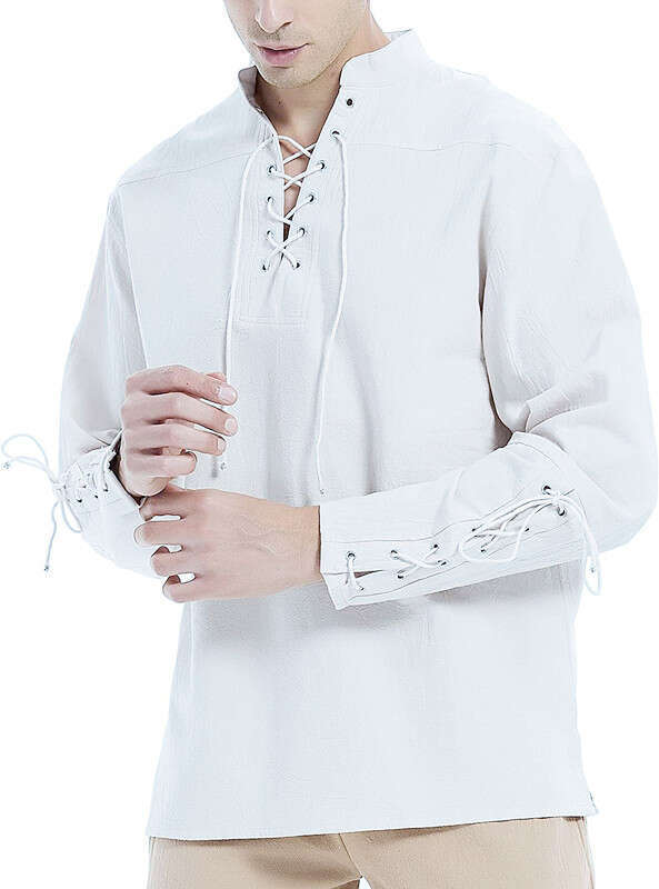 Men's New Cotton And En Henry Shirt Long Sleeved Hippie Casual Beach Stand Up Collar Ing European Size B3
