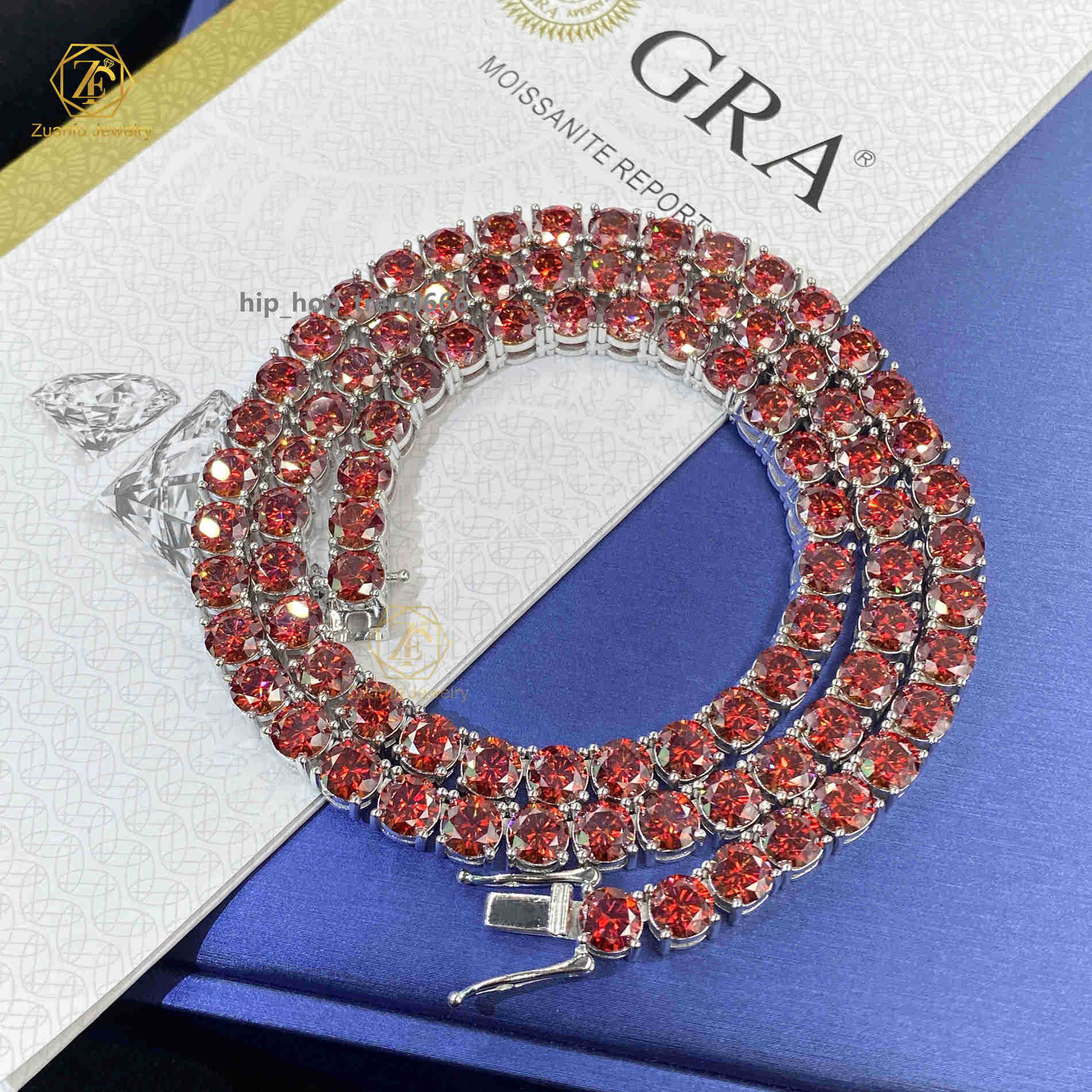 Fashion Jewelry Sier Hiphop Garnet Red Necklace Bracelet Iced Out Moissanite Tennis Chain