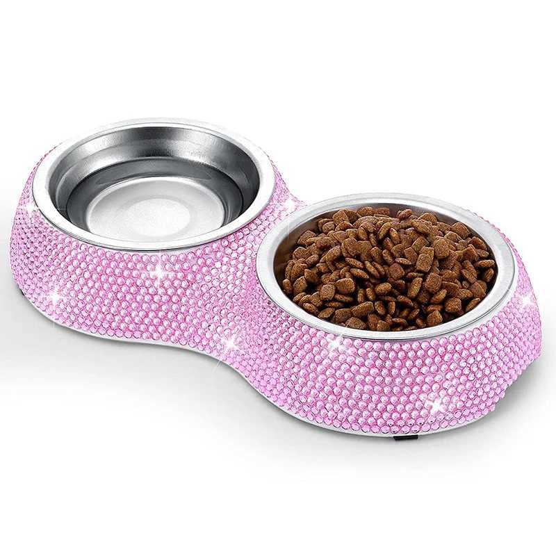 Bling Diamond Stainless Steel Double Dog Bowl Pet Drinking Bowl Luxury Rhinestone Cat Feeding Pet Products Cat BowlsXJ241125