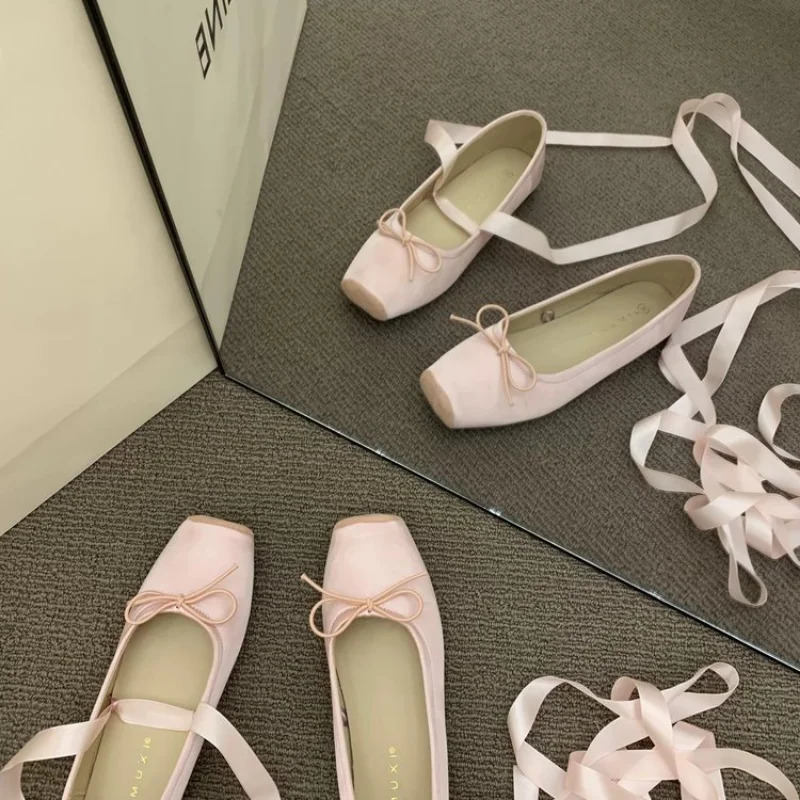 Women Flats Bow Marie Janes Shoes 2024 Spring Lolita Dress Square Toe Shoes Walking Sandals Female Elegant Zapatos 241125