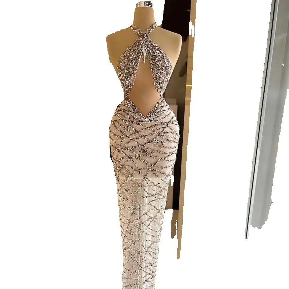 Fashion Halter Prom Dresses Women Mermaid Sleeveless Sequined Crystal Evening Gowns Glitter Floor Length Customized Party Dress