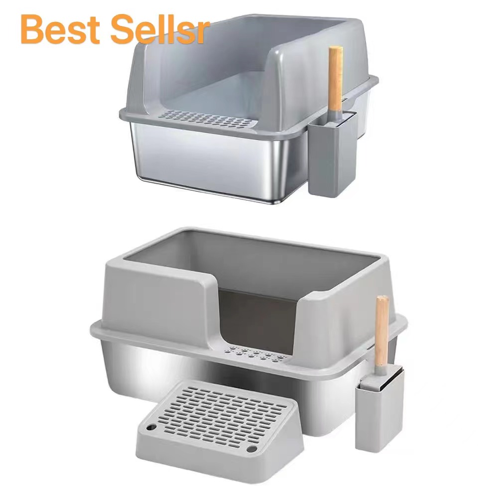 Luxury Stainless Steel & Plastic Pet Toilet Sandbox Scoop Semi-Closed High Side Cat Litter Tray Premium Cat Litter Box Accessory