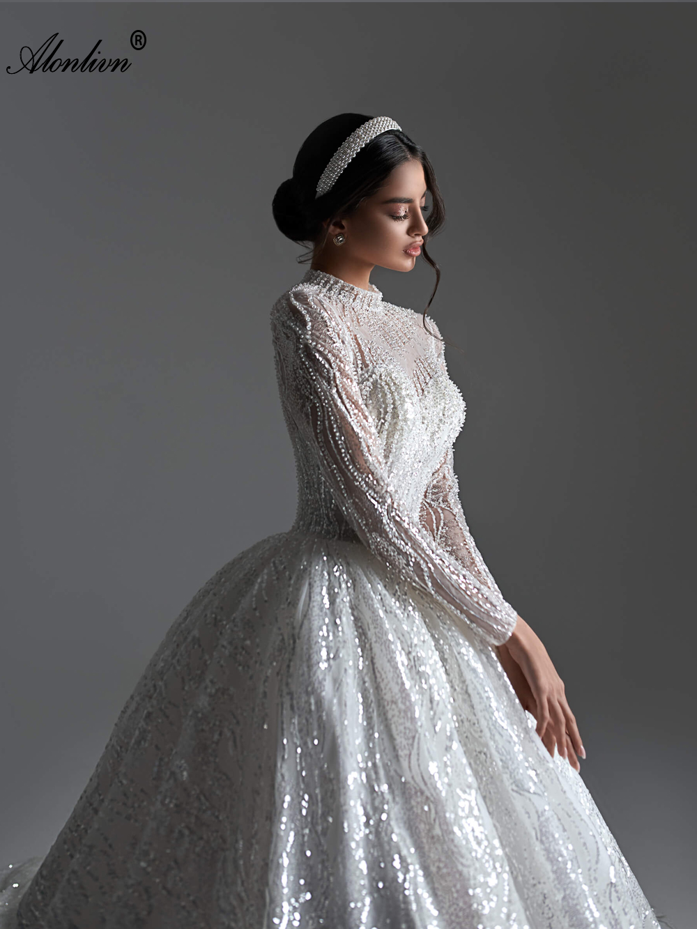 Luxury Sparkly Lace High Collar Full Sleeves Ball Gown Wedding Dress Beading Embroidery patterns princess Bridal Gowns embroidered With Multi-layered 