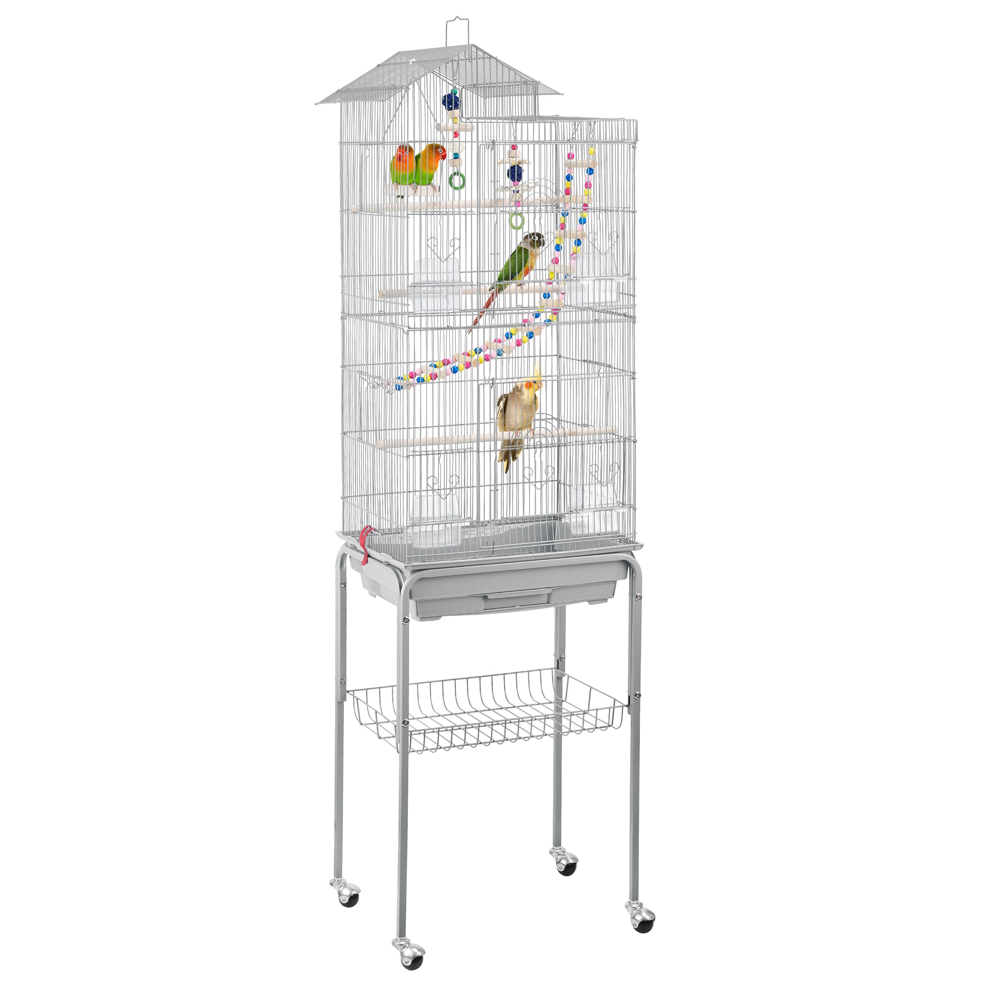 Topeakmart Light Gray Metal Bird Cage with Ladder Toy and Rolling Detachable Stand, 62.4" H