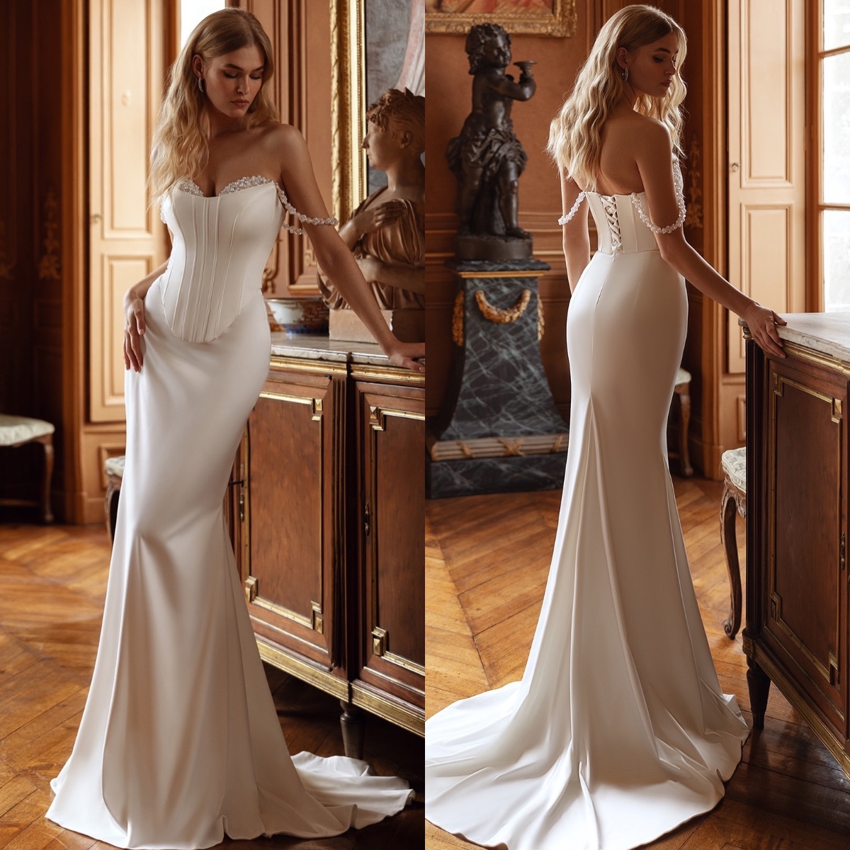 Modern Satin Mermaid Dress Pearls Off Shoulder Wedding Gown Bone Bodice Corset Back Sweep Train Robe De Mariee 6660311