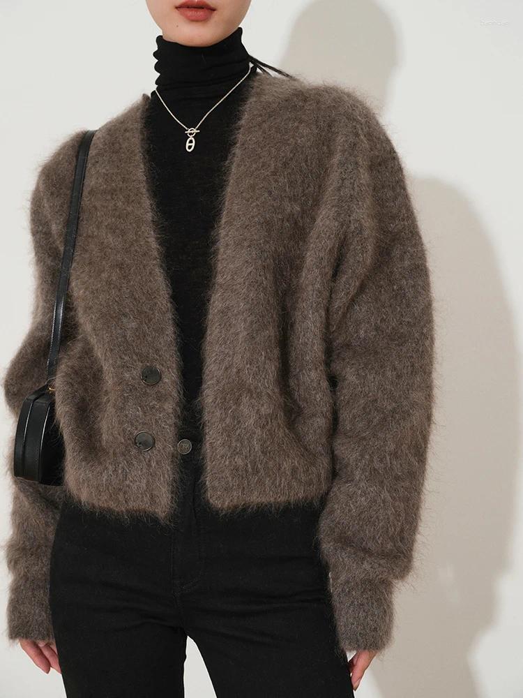 Women's Knits Mink Mohair Brown Sweater Knitted Cardigan Jacket Wool Top