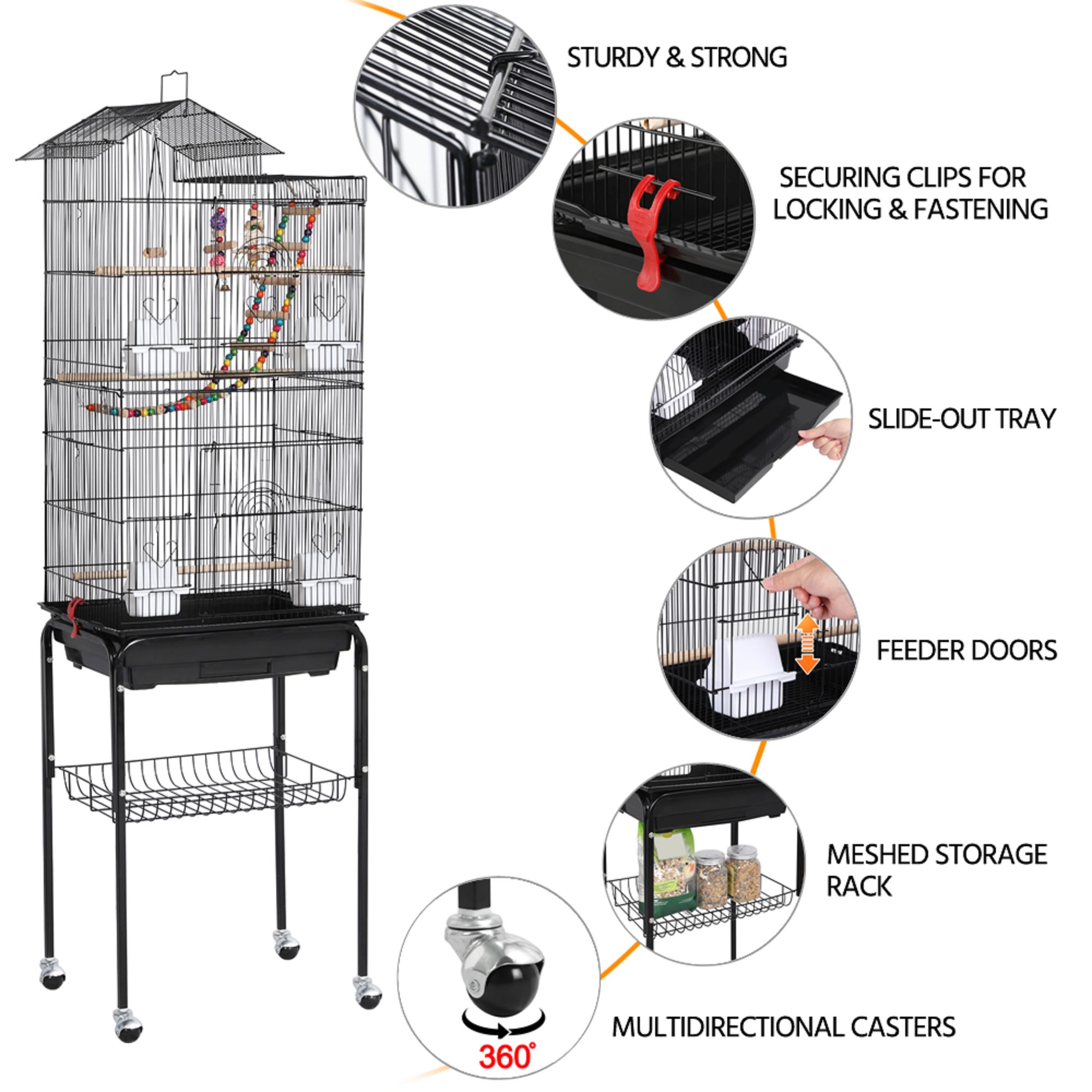 Topeakmart Black Metal Bird Cage with Ladder Toy and Rolling Detachable Stand, 62.4" H
