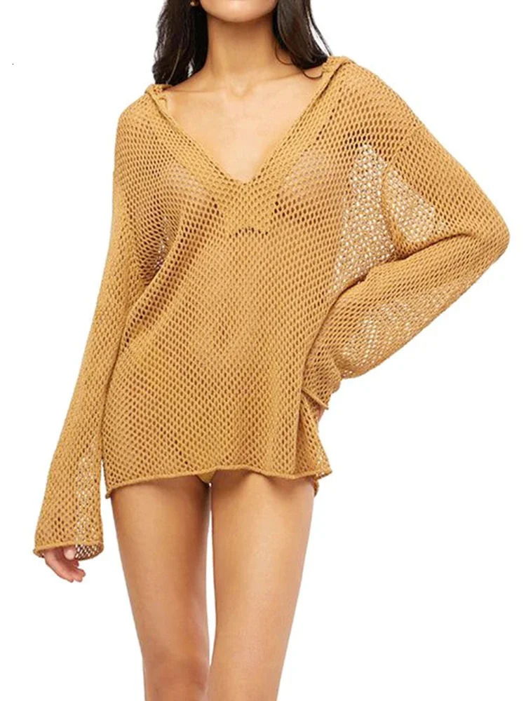 Sexy Knit Hollow Out Vneck Hooded Long Sleeve Beach Mini Dress Women Casual Beachwear Tunic Vacation Swimsuit Cover Up K4 241112