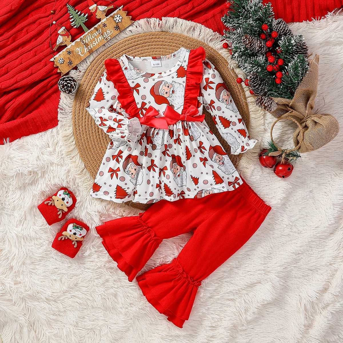 Clothing Sets 2Pcs Baby Girls Long Sleeve Print Santa Claus With Bow Top+ Solid Red Trousers Set For Christmas Outdoor Wear H241126