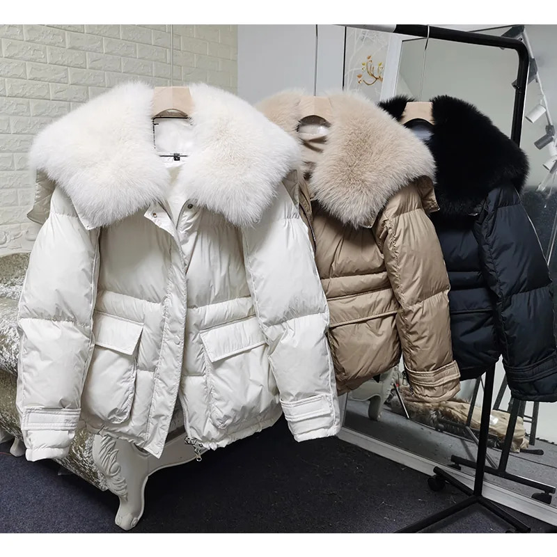 Maomaokong loose Real Fox fur collar 2024 white duck down jacket womens winter inflatable jacket oversized wool jacket 241126
