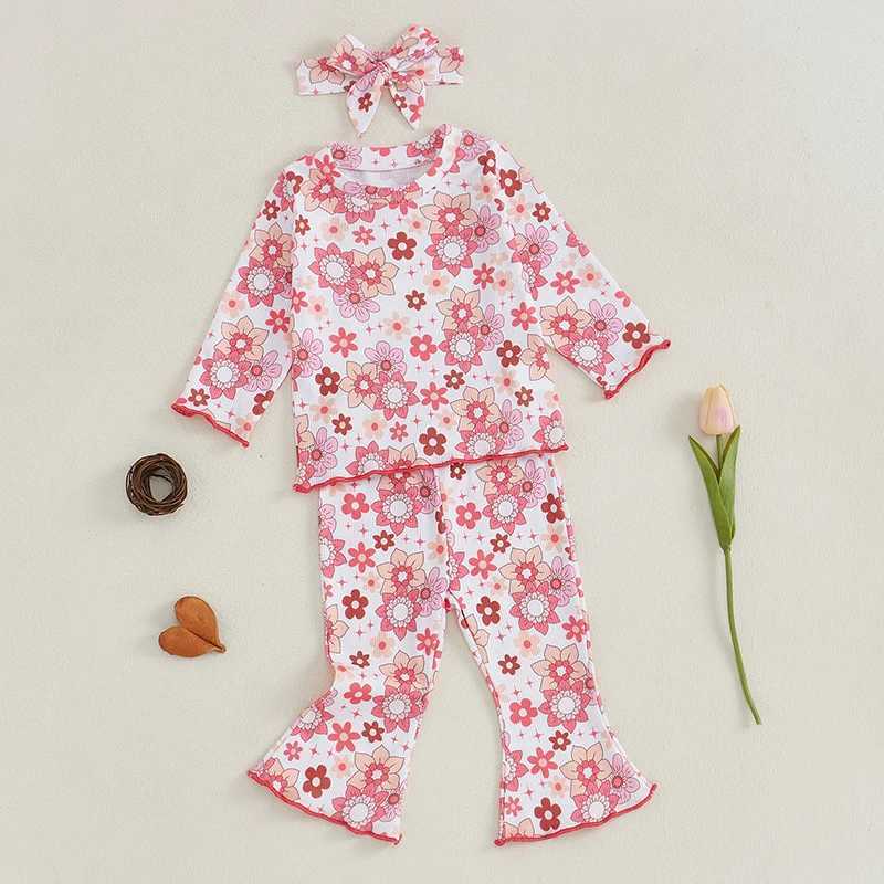 Clothing Sets Baby Girl Autumn Clothing Set Floral Print Crew Neck Long Sleeve Shirt Bell Bottoms Headband 3 Piece Outfit H241126