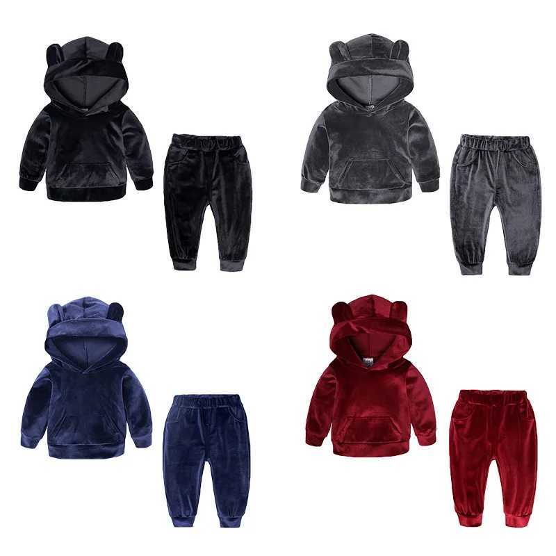 Clothing Sets New Spring Boys Clothing Sets Children Hooded Sweatshirt Pants Suits Baby Outfit Toddler Girls Covering Kid Velvet Warm Costume H241126