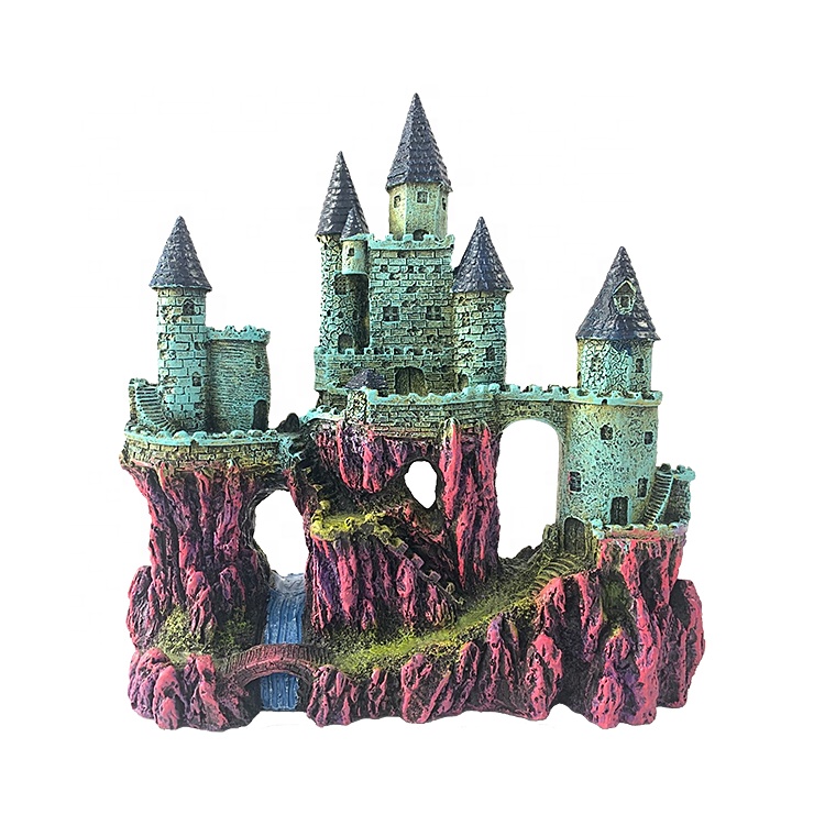 Realistic design aquarium resin purple waterfall castle ornament decoration for fish tank