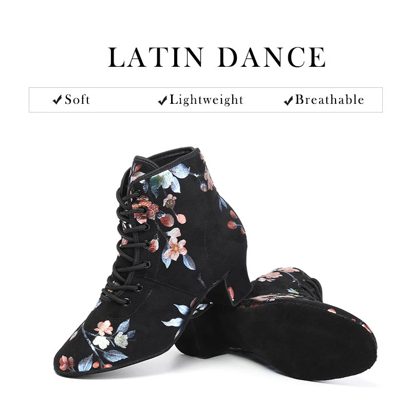 DKZSYIM Black Flower Dance Shoes Dance Hall Boots Tango Latin Modern Women Oxford Lace Practice Dance Shoes High Heels 3.5/5cm 241126