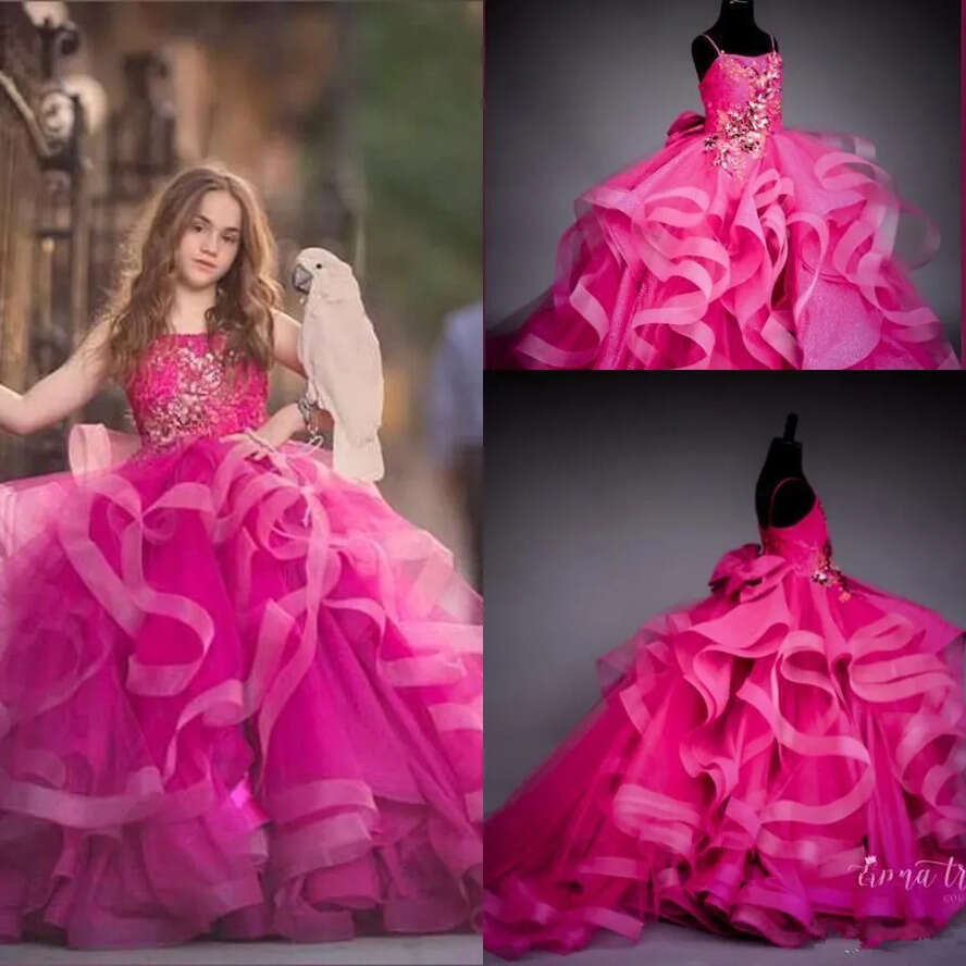 Fuia Spaghetti Straps Tulle Ball Wer Dresses Crystal Beaded Tiered Ruffles Girl Formal Party Birthday Pageant Gown Bc2871