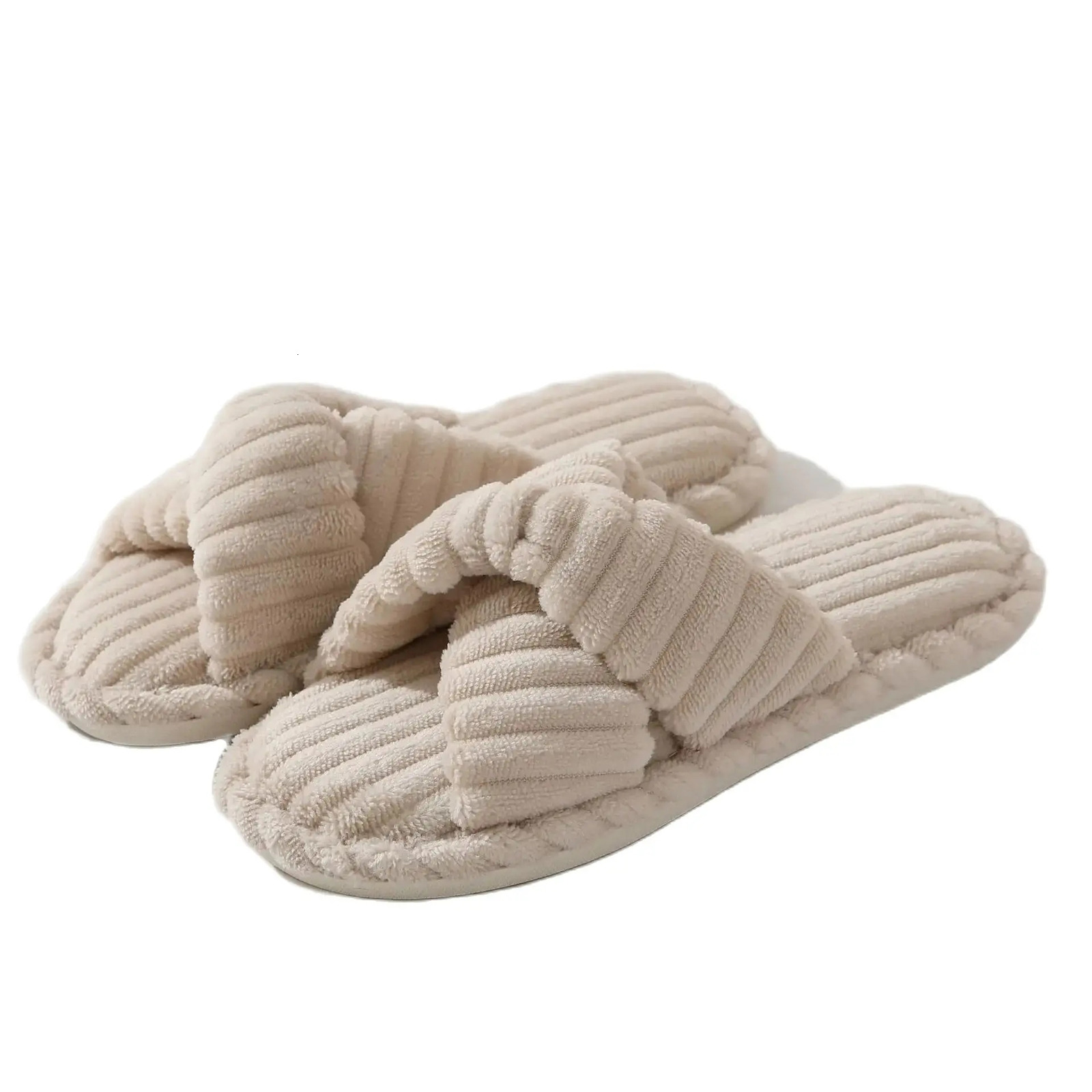 Womens autumn and winter cotton anti slip home slider warm toe cross flat slider 241126