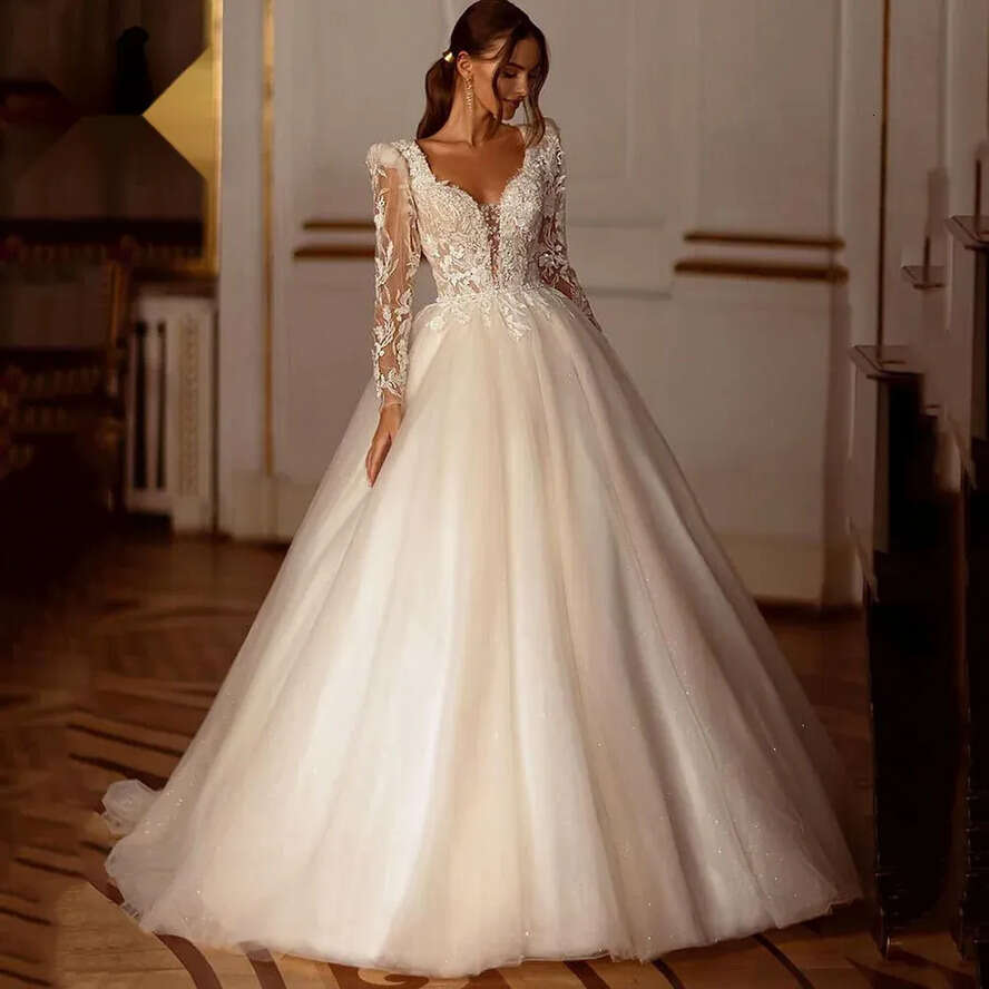 Glitter Champagne Wedding Dresses Long Sleeve Appliques Lace Modern Bridal Dress Tulle Bride Gown Vestidos De Novia
