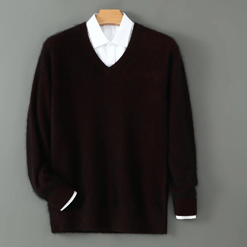 Mens sweater automatic and winter cashmere sweater wool pullover sweater thick bottom knitted V-neck loose warm Korean version 241126