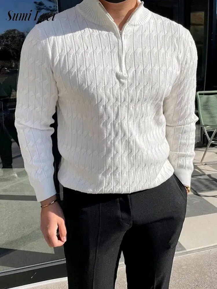 Twill jacquard knitted polo shirt mens long sleeved lapel zipper slim fit sweater mens casual solid color texture sweater top 241126
