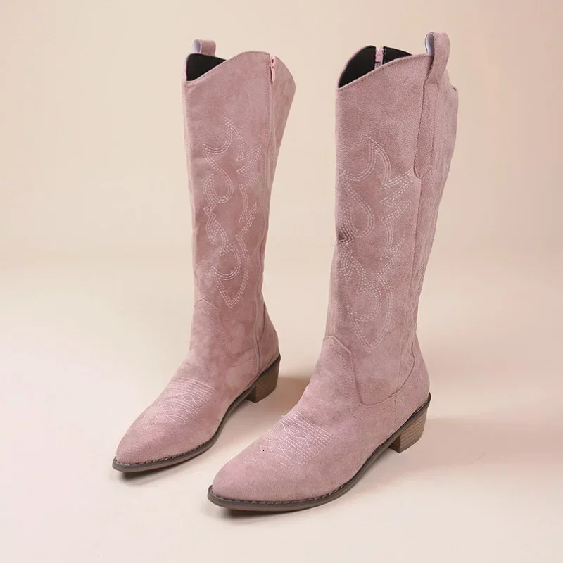 Embroidered Western Cowboy Boots for Women Autumn Pointed Toe Thick Heel High Knee Boots Woman Loose PU Leather Long Botas Mujer 241114