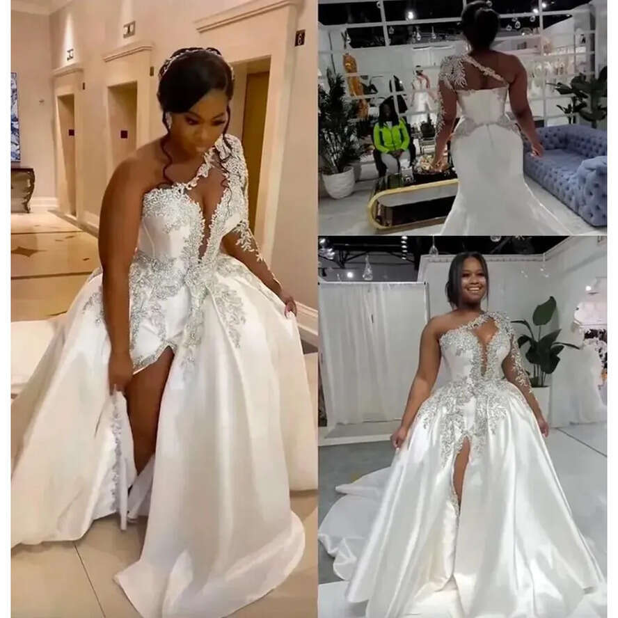 New Vestido De Noiva African Elegant One Shoulder Satin A E Wedding Dresses With Detachable Skirt Lace Applique Beaded Split Court Train Bridal Gowns 