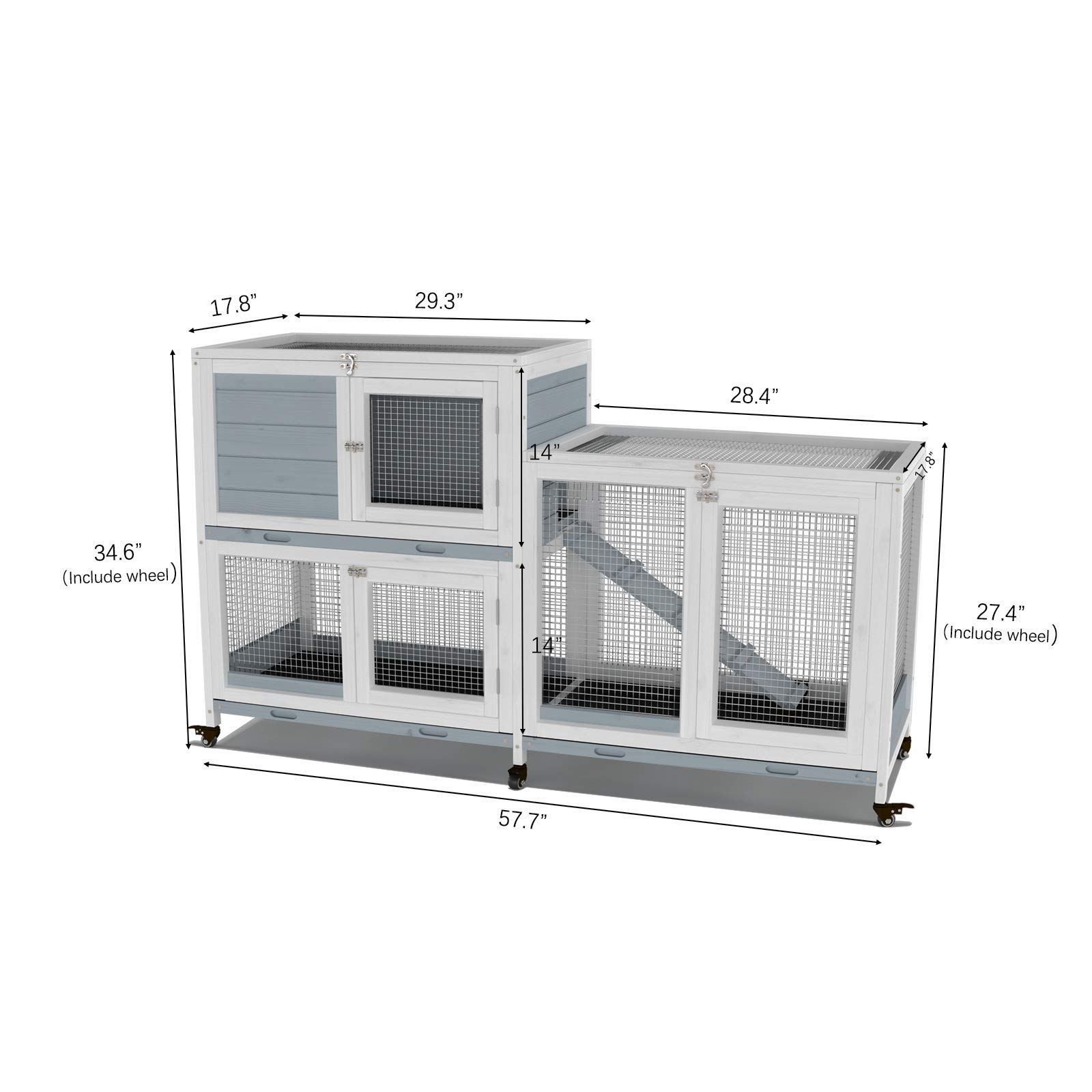 Wooden Indoor Bunny Hutch Rabbit Cage on Wheels Guinea Pig PET House for Small to Medium Animals Waterproof No Leak Tray