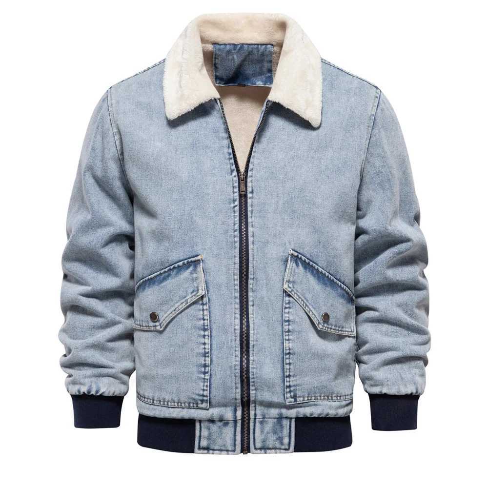 Winter new mens denim jacket thick wool windproof insulation full zipper fashion solid color mens jacket W241125