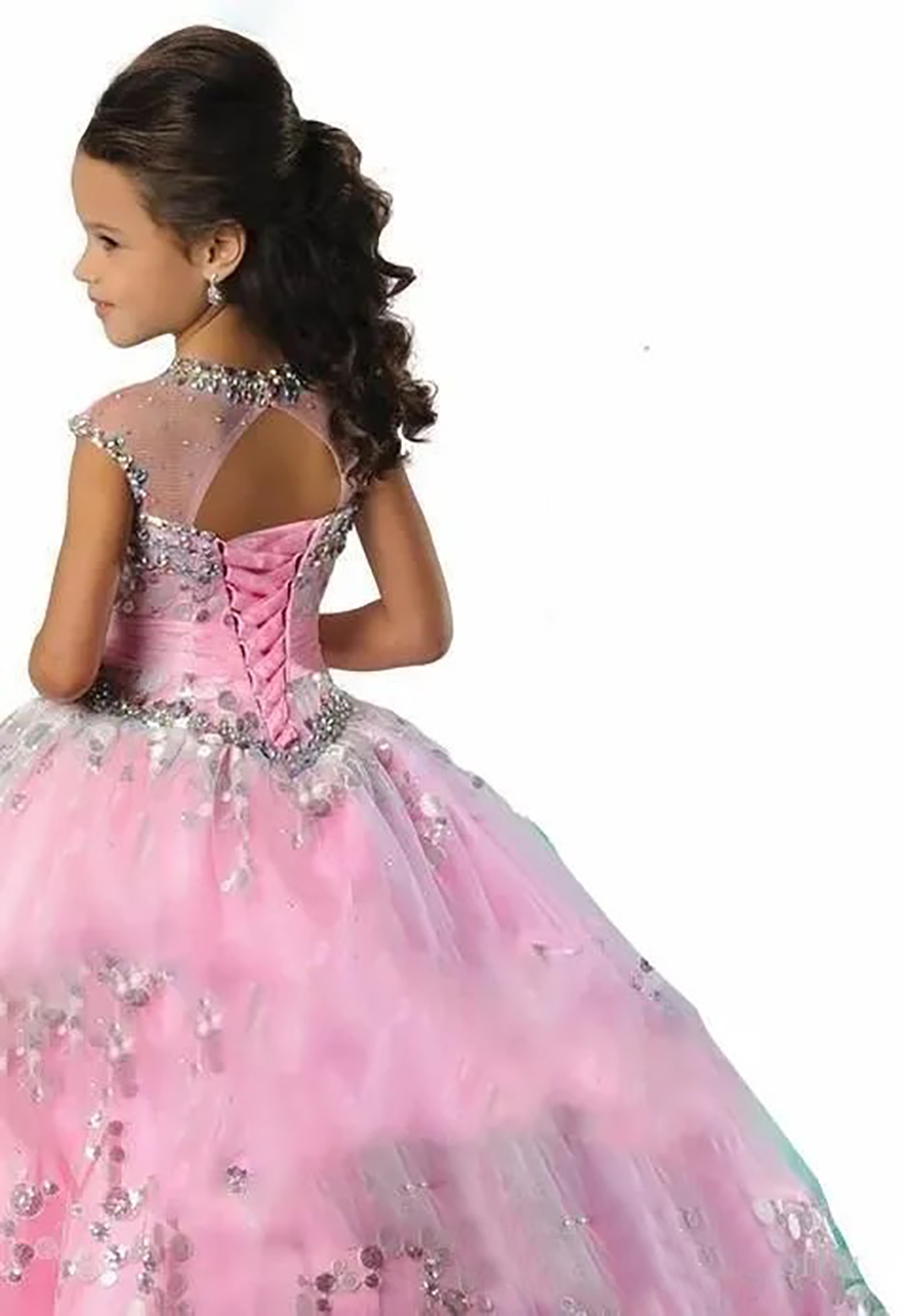2024 Princess Girl's Pageant Dresses Beaded Ruffles Sheer Neck Ball Gown Floor Length Pink Blue Flower Girl Dresses Sequins Dress