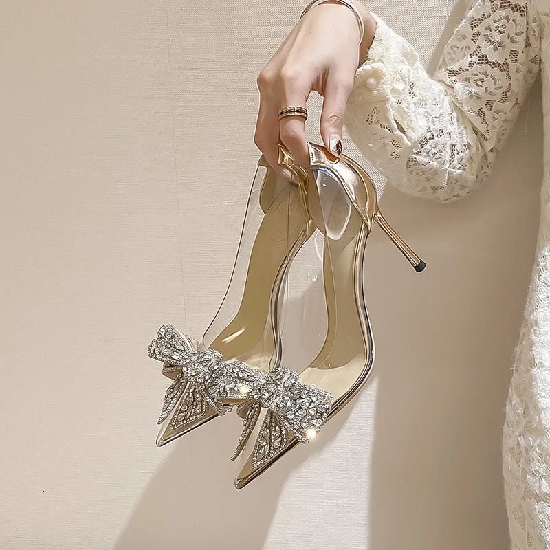 Fashion Sliver Rhinestone Bow PVC Transparent Women Pumps Autumn Stiletto High Heels Sexy Bride Party Wedding Dress Shoes 241126