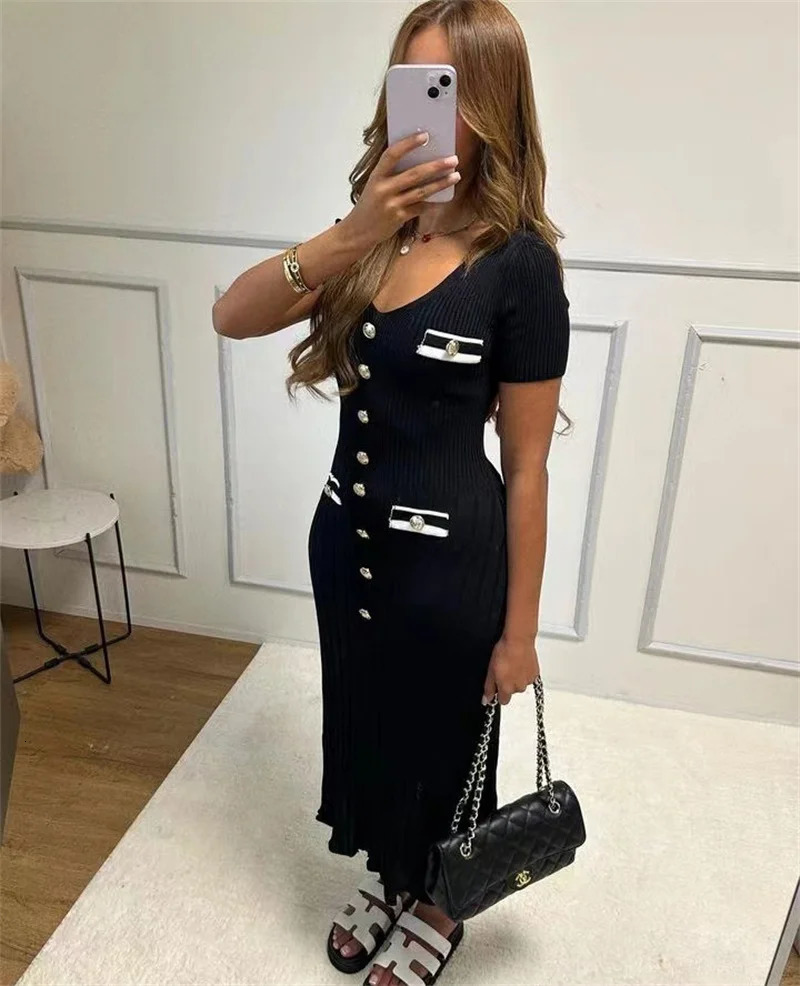 Office ladies elegant knitted long skirt summer short sleeved V-neck single chest tight dress womens party fashion vest 241125