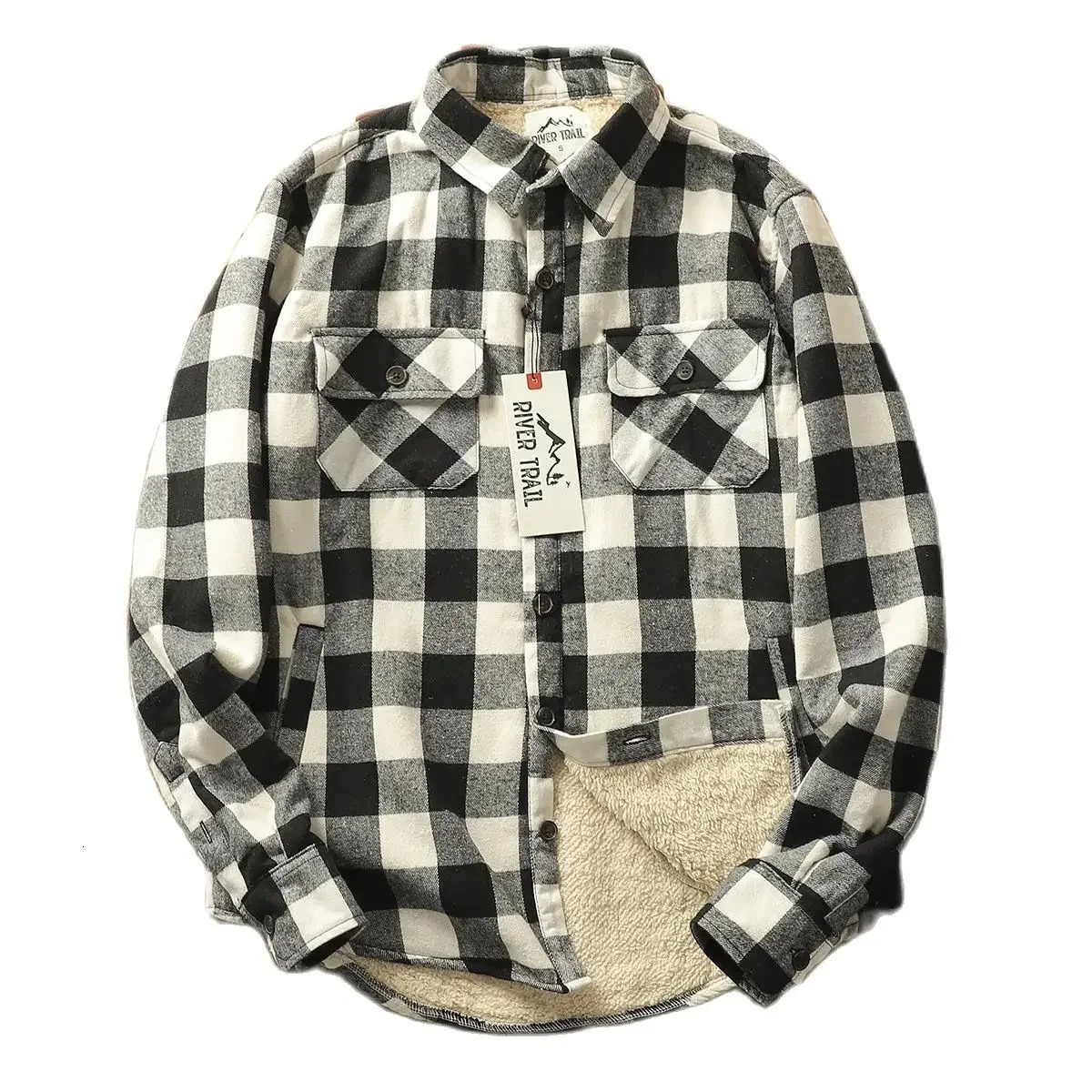 Winter plain woolen shirt jacket mens flannel warm jacket outdoor casual work Sherpa lining button retro shirt 241126