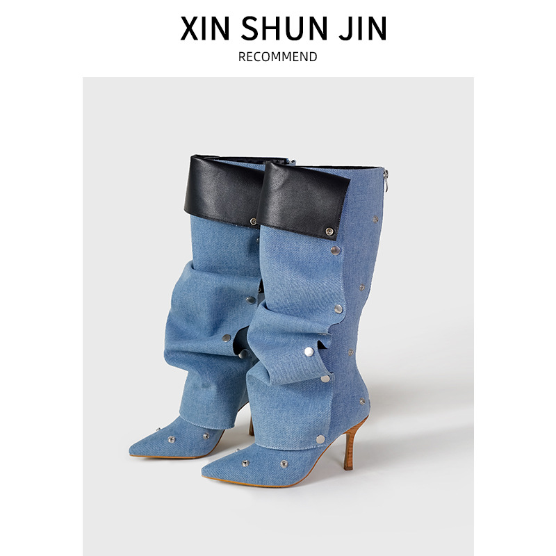 2024 willow stud buckle splicing two wear fine high heel tall boots female personalized spicy girl fashion boots EU35-40