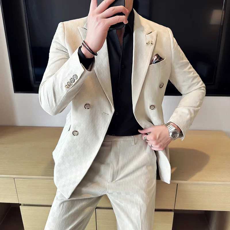 2 pieces of blue almond business party mens double chest formal style custom wedding groom tailcoat (jacket+pants) X241126
