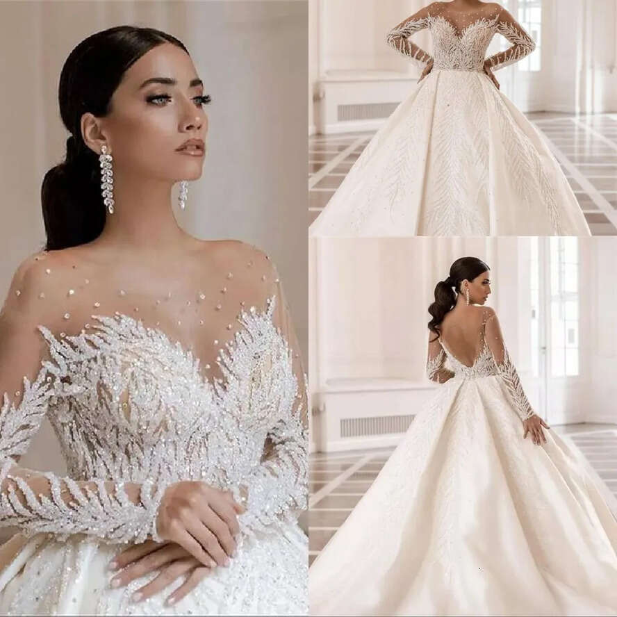 Arabic Dubai Beads Crystals Ball Gown Dresses 2022 Vestido De Noiva Soft Sheer Tulle Long Sleeves Backless Wedding Bridal Gowns