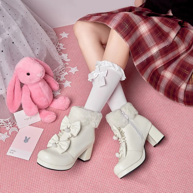 Winter Warm Wool Fur Decoration Sweet Lolita Shoes Womens Ankle Boots Role Playing Kawaii Princess Platform Girl Botas Plus Size 43 241126