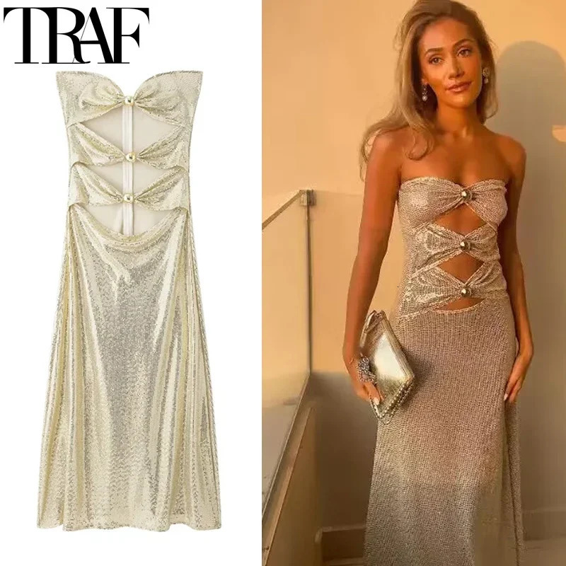 TRAF sexy cut sequin dress womens sparkling strapless party dress womens Midi shoulder dress body backless long dress 241125