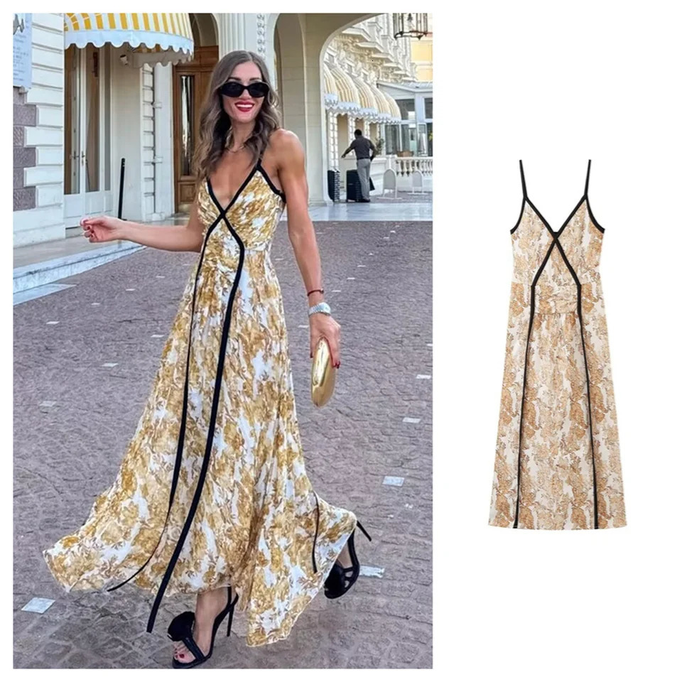 PB ZA autumn womens clothing fashionable temperament slim fit waist cinching casual Vneck suspender long printed dress 241112