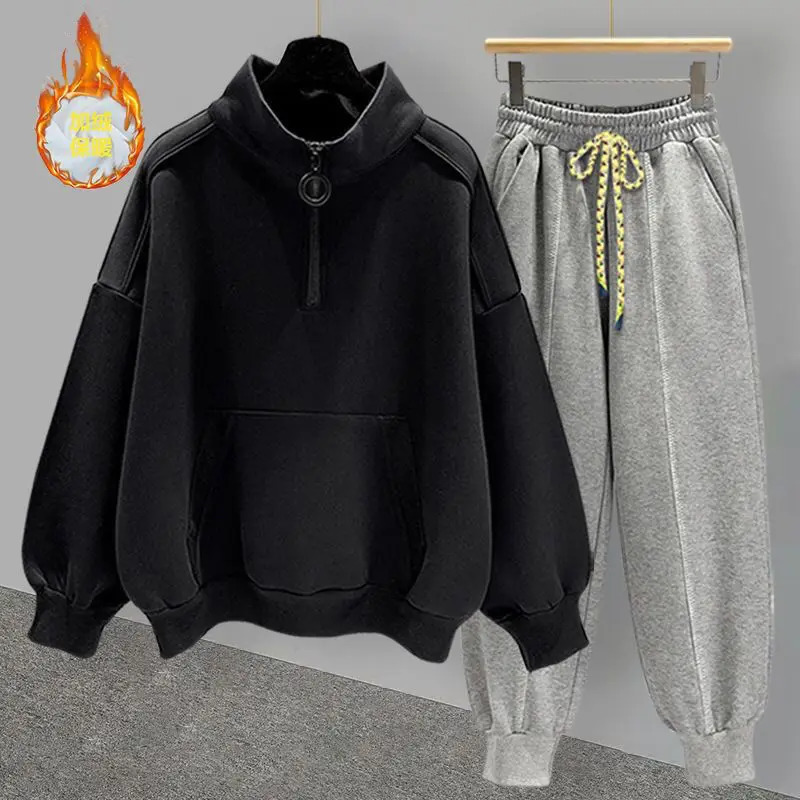 Hip Hop Half Neck Sweatshirt Set Autumn Winter Trend Versatile Zipper Plush Thick Coat Slow Running Pants Mens Street Clothing 241126