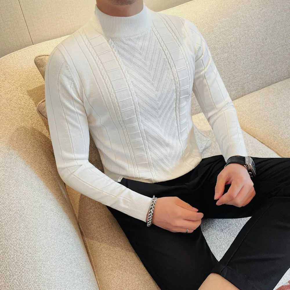 Mens knitted pullover sweater 2024 winter new item thick solid casual elastic slim fit semi high neck sweater mens clothing X241126