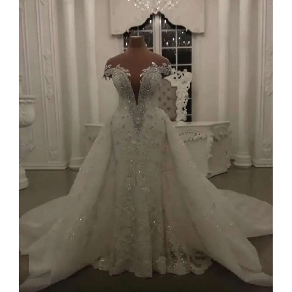 Mermaid Wedding With Modest Dresses Detachable Skirt Shining Sequins Crystals Beads Appliques Sheer Neck Backless Long Bridal Gowns Bc