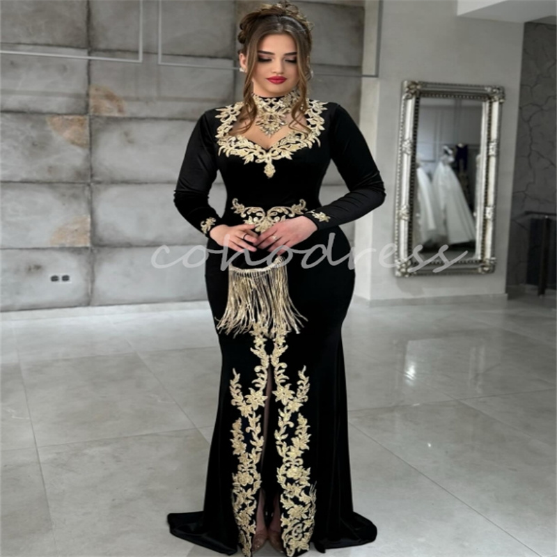Moroccan Black Evening Dress With Gold Appliques Mermaid Long Sleeve Kosovo Arabic Prom Dress Slit Plus Size Birthday Customized Robe De Mariee Formal