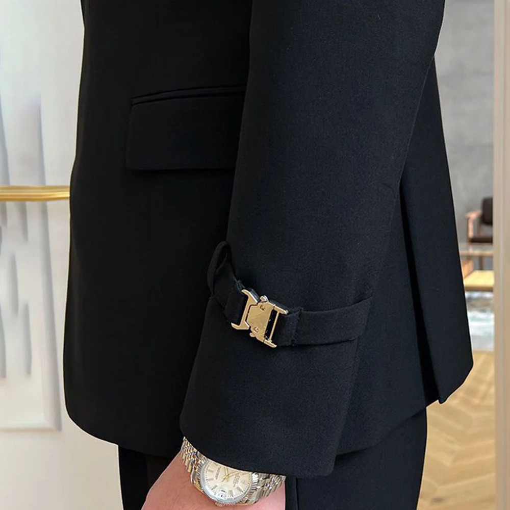 British style black suit jacket mens elegant gentleman business casual professional formal dress belt double chest 241126