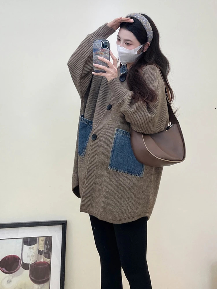 maternity coat hooded denim patch work sweater maternity loose cardigan wool sweater maternity coat fashionable autumn clothing 241126