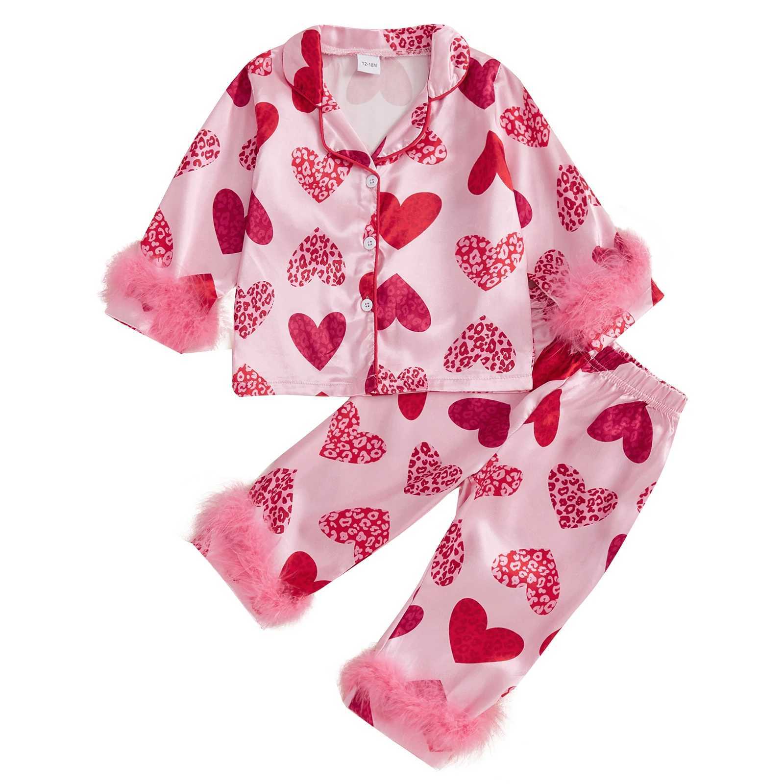 Clothing Sets Kids Baby Girls 2PCS Pajama Sets Valentines Day Sleepwear Feathers Trim Long Sleeve Shirt Pants Heart Print Loungewear Outfits H241126