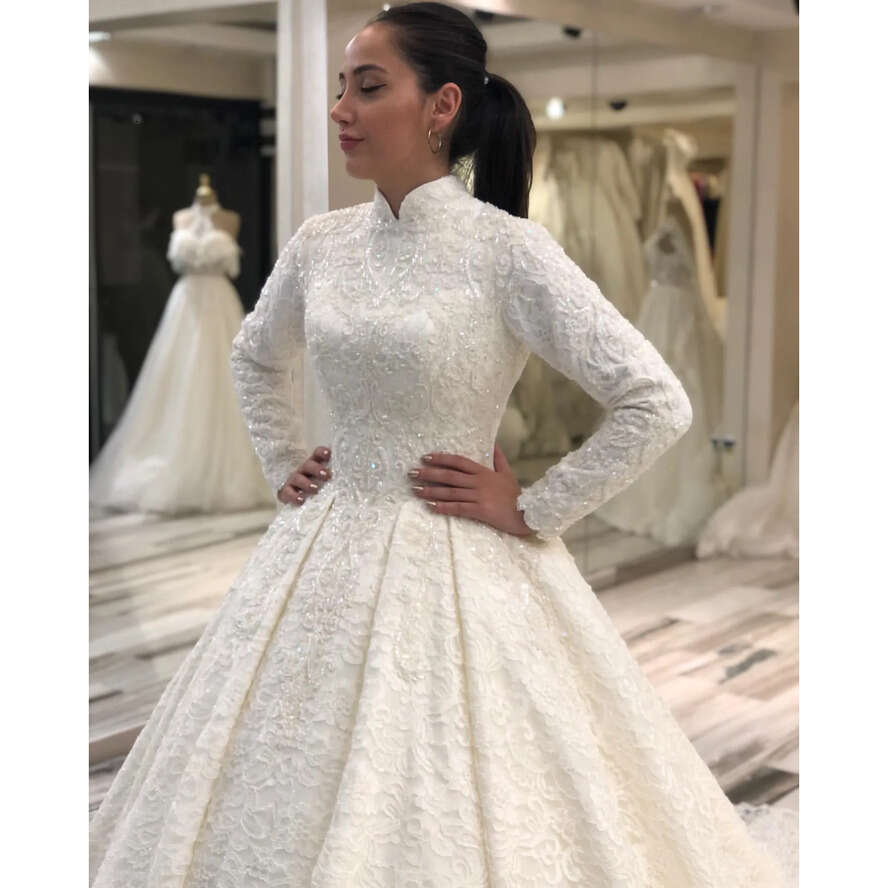 Arabic Muslim Beaded Lace Ball Gown High Neck Long Sleeves Bridal Dresses Vintage Sexy Wedding Gowns