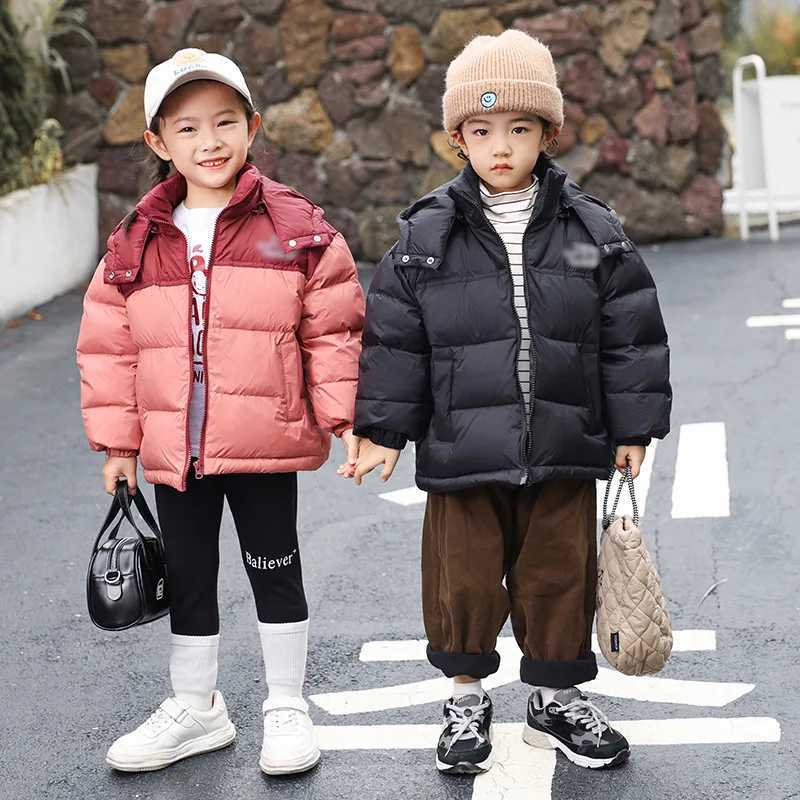 Down Coat Childrens clothing winter childrens down jacket boys and girls color block jacket thickened removable hood down jacket H241123