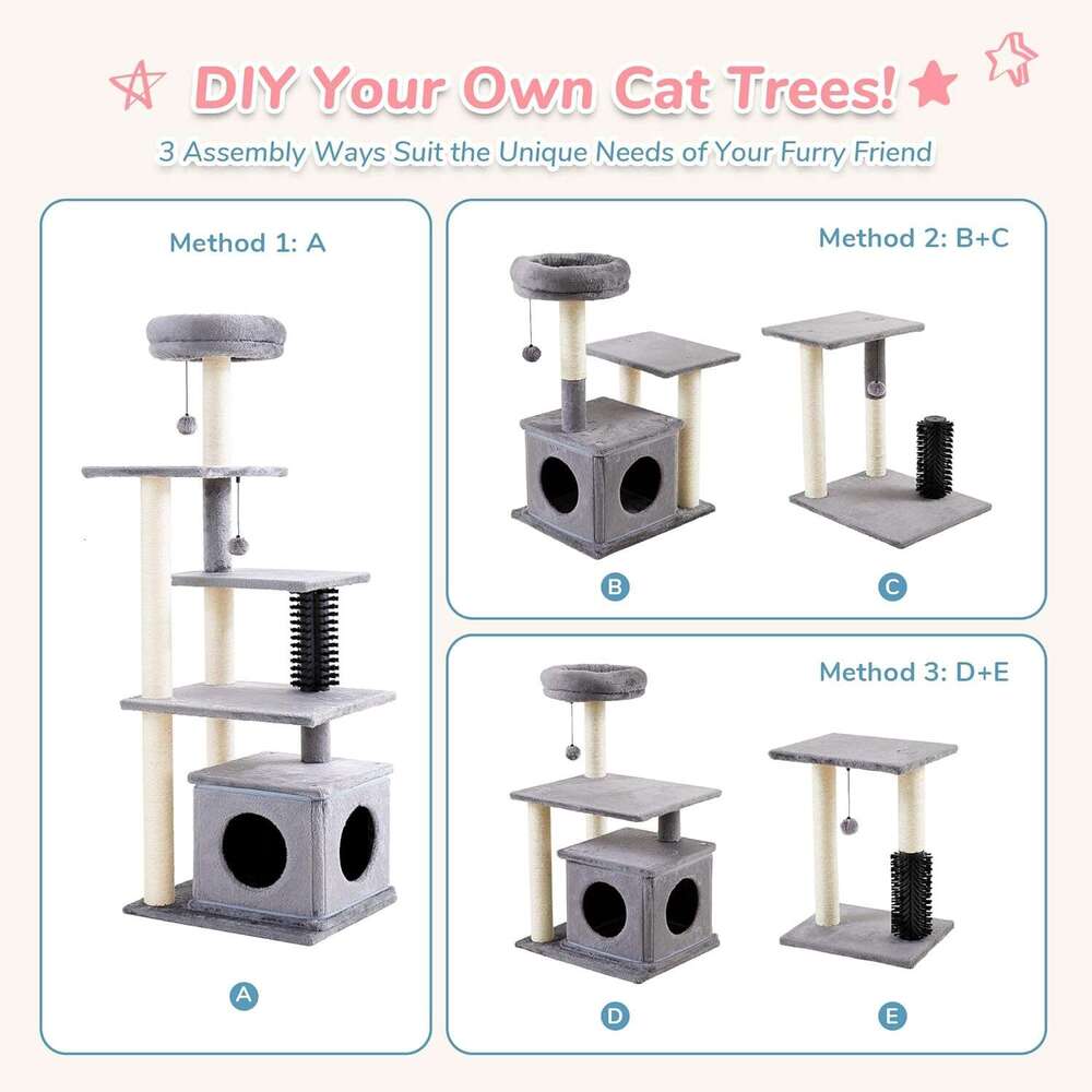 Made4Pets Cat Tree, 52.4" Tall Indoor , Multi-Level Large Cat Condo with Scratching Posts and Pompoms, Plush Kitten Climbing Tower with Cat Groom