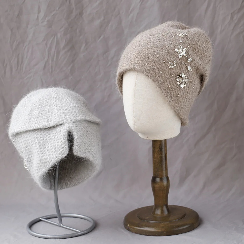 Winter Rabbit Fur Knitted Womens Hat High Quality Rhinestone Warm Thick Beanies Hat Versatile Ear Protection Hat 241126