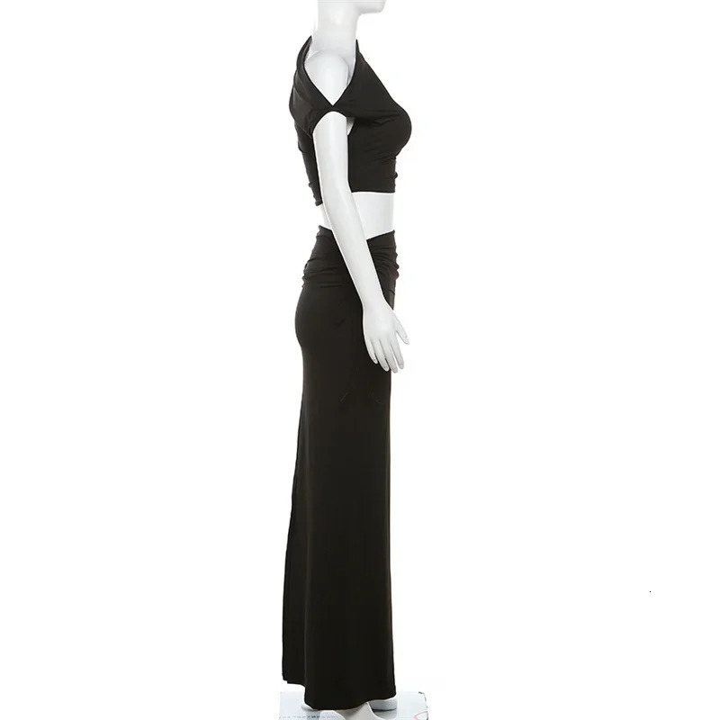Summer Bandage Bodycon Dress Suits Women Y2K Streetwear Short Sleeve Crop Top Shirt and Maxi Long Skirts Two Piece Matching Sets 240423